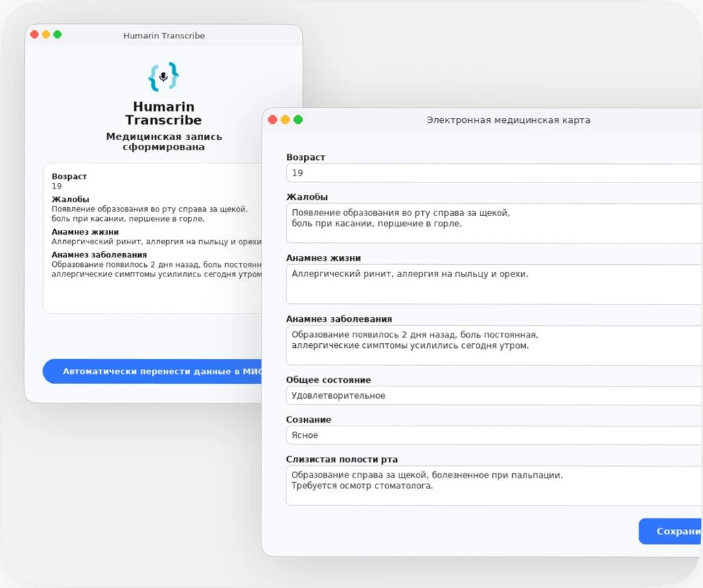 Example of an auto-filled medical record